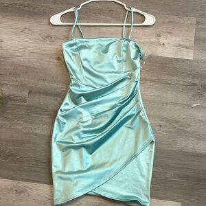 Windsor Aqua Satin Ruched Mini Dress